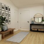 Functional furniture near an entryway for seating and household storage